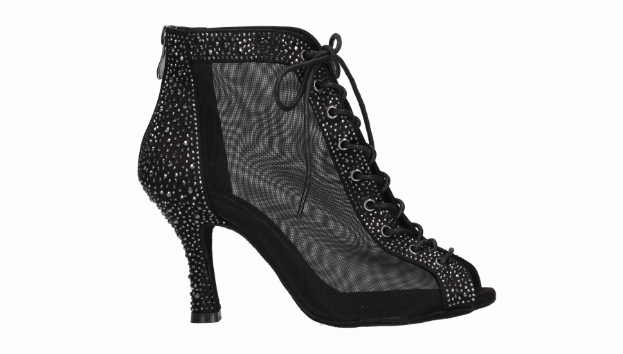 Bottine de danse de salon noire à lacets et strass en cristal sur le dessus et le talon