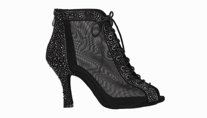 Bottine de danse de salon noire à lacets et strass en cristal sur le dessus et le talon