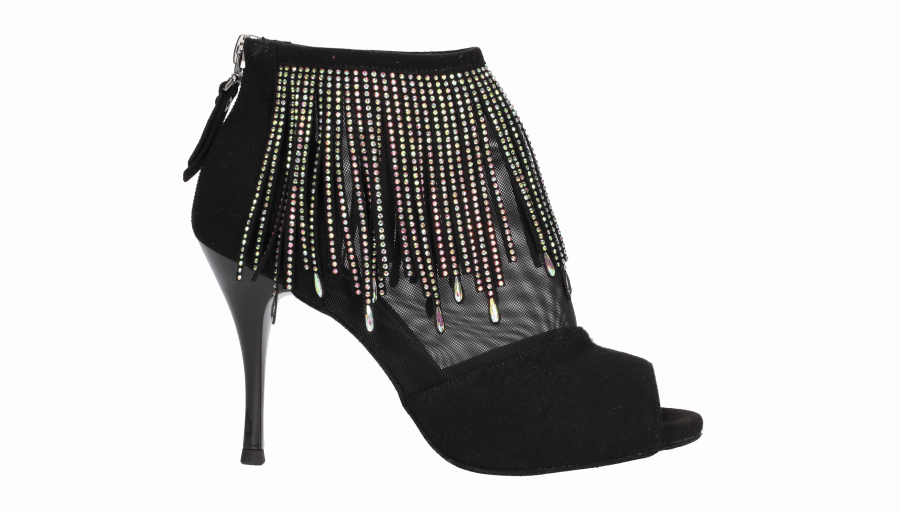 Black ankle boot style shoe for ballroom and tango dancing with rhinestone fringe