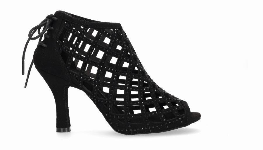 Black openwork dance bootie with zip closure at the heel