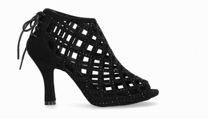 Black openwork dance bootie with zip closure at the heel