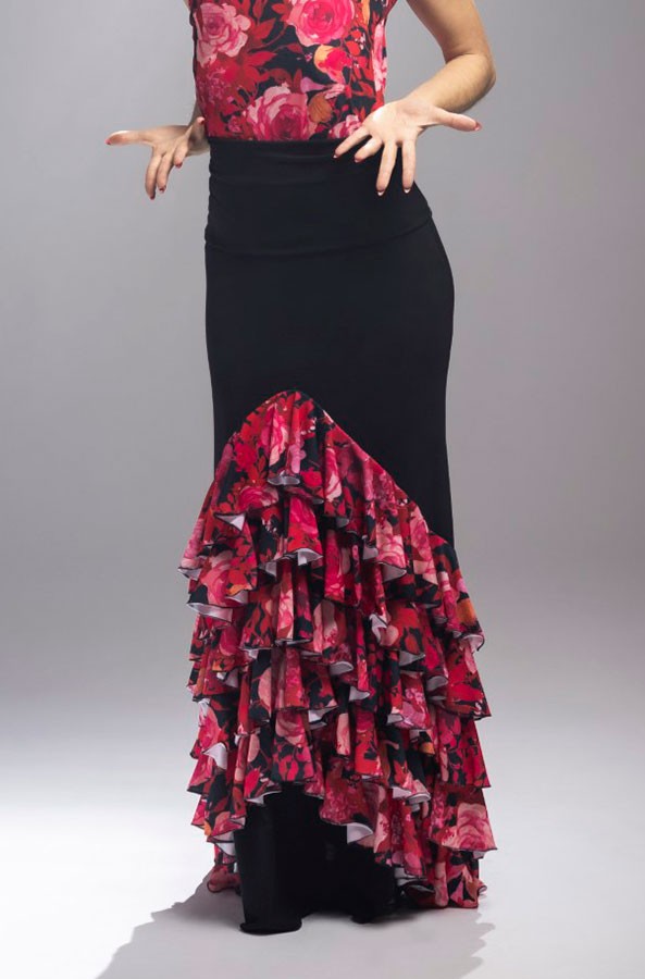 Falda Flamenco Granizo Negra con Volantes Estampados de Flores