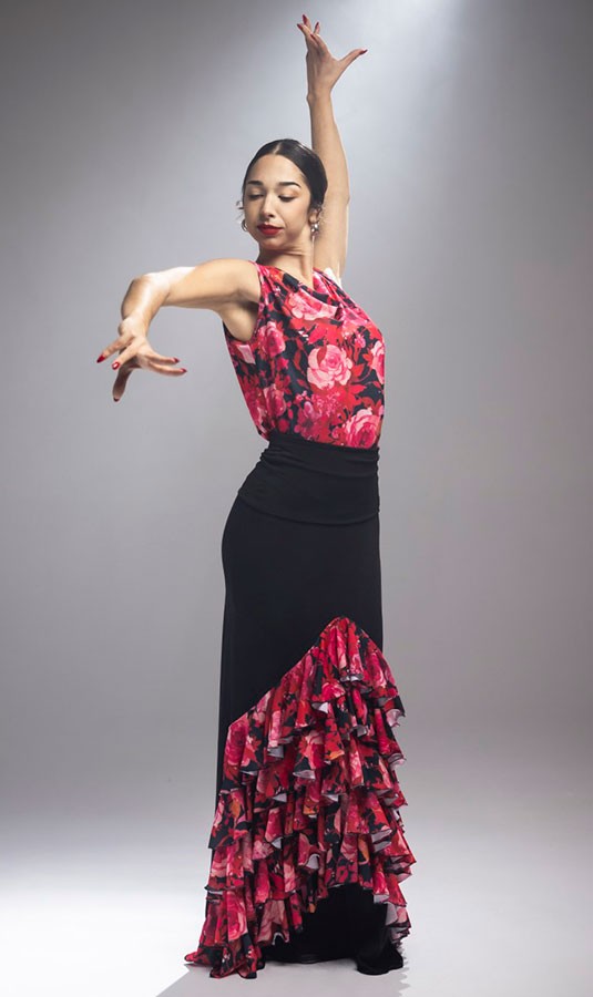 Falda Flamenco Granizo Negra con Volantes Estampados de Flores