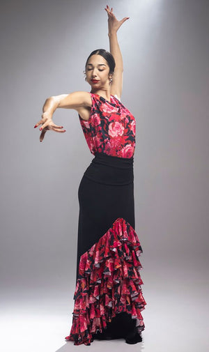 Falda Flamenco Granizo Negra con Volantes Estampados de Flores