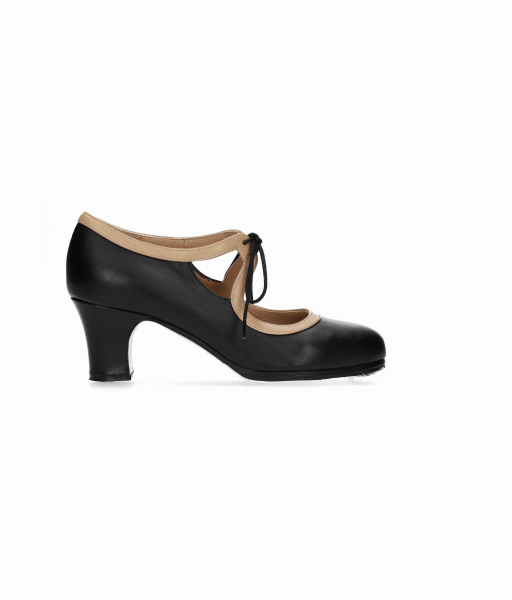 Zapato de baile flamenco profesional piel negro y beige con cordones