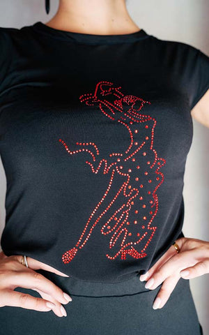Black flamenco t-shirt with a flamenco dancer silhouette adorned with rhinestones