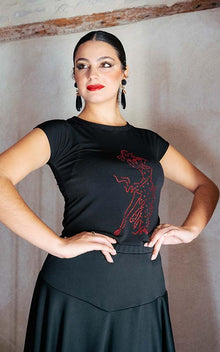 Black flamenco t-shirt with a flamenco dancer silhouette adorned with rhinestones