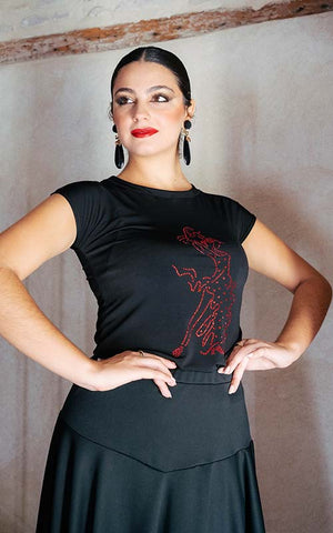 Black flamenco t-shirt with a flamenco dancer silhouette adorned with rhinestones