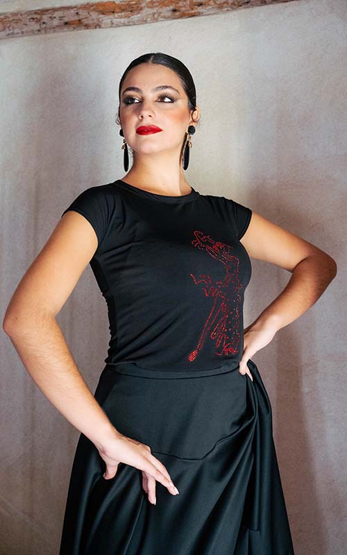 Black flamenco t-shirt with a flamenco dancer silhouette adorned with rhinestones