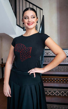 Black flamenco t-shirt with a fan silhouette adorned with rhinestones