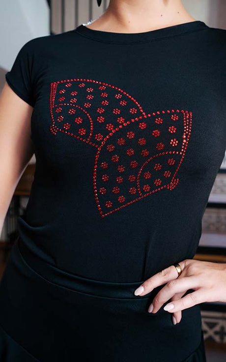 Black flamenco t-shirt with a fan silhouette adorned with rhinestones
