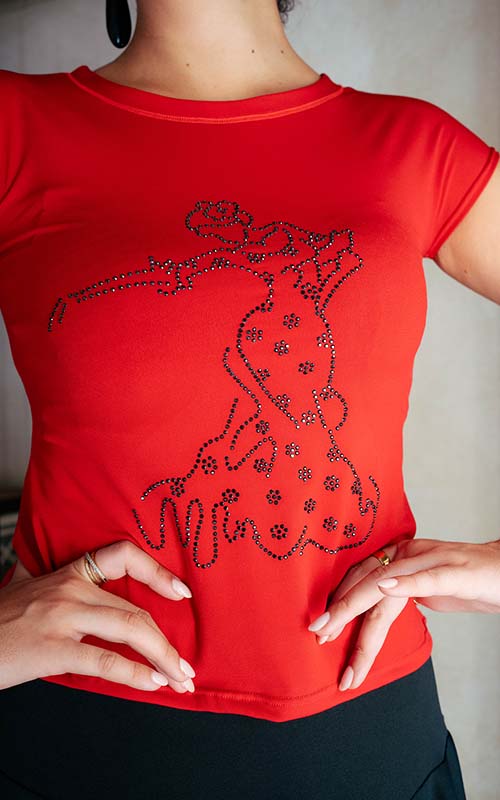 Red flamenco t-shirt with a flamenco dancer silhouette adorned with rhinestones