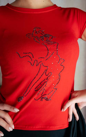 Red flamenco t-shirt with a flamenco dancer silhouette adorned with rhinestones