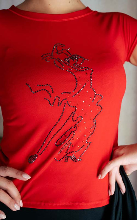 Red flamenco t-shirt with a flamenco dancer silhouette adorned with rhinestones