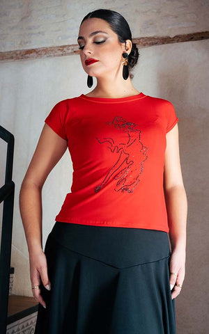 Red flamenco t-shirt with a flamenco dancer silhouette adorned with rhinestones