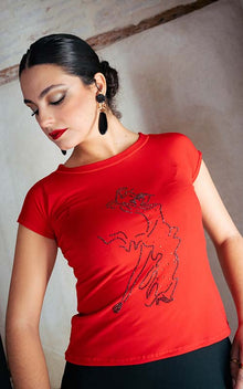 Red flamenco t-shirt with a flamenco dancer silhouette adorned with rhinestones