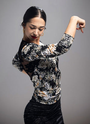 Body imprimé à manches longues avec dos en dentelle noire