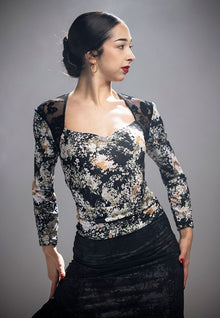 Body imprimé à manches longues avec dos en dentelle noire