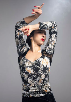 Body imprimé à manches longues avec dos en dentelle noire