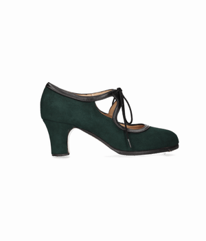 Zapato de baile flamenco profesional ante verde botella con cordones