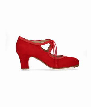 Zapato de baile flamenco profesional ante rojo con cordones