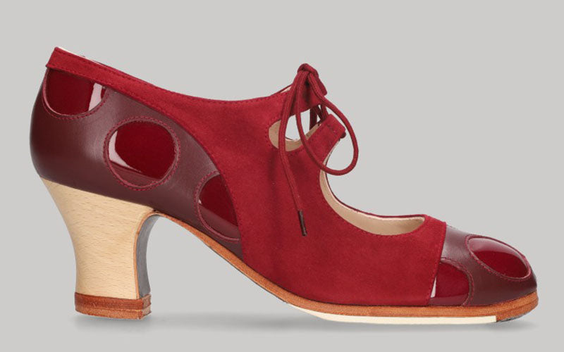 Zapato de baile flamenco profesional combinado en piel de ante y charol burdeos