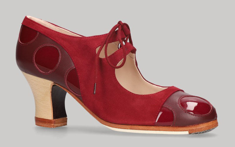 Zapato de baile flamenco profesional combinado en piel de ante y charol burdeos