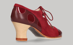Zapato de baile flamenco profesional combinado en piel de ante y charol burdeos