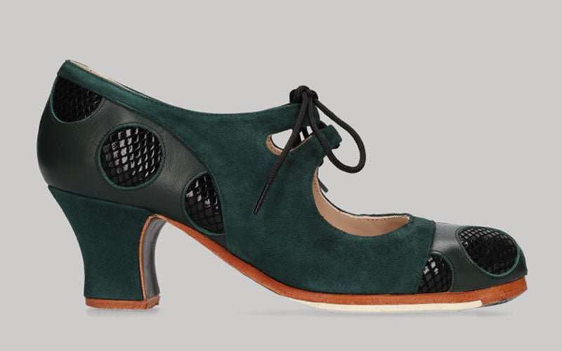 Chaussure de danse flamenco professionnelle combinée en cuir vert bouteille et daim et motif serpent noir