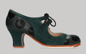 Chaussure de danse flamenco professionnelle combinée en cuir vert bouteille et daim et motif serpent noir