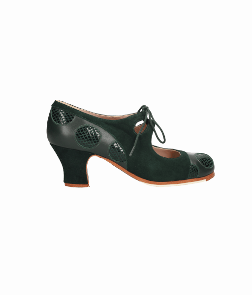 Chaussure de danse flamenco professionnelle associant cuir vert bouteille et daim à imprimé serpent noir.