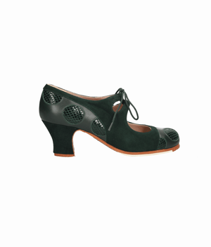 Chaussure de danse flamenco professionnelle associant cuir vert bouteille et daim à imprimé serpent noir.