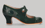 Chaussure de danse flamenco professionnelle associant cuir vert bouteille et daim à imprimé serpent noir.