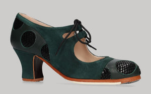 Chaussure de danse flamenco professionnelle combinée en cuir vert bouteille et daim et motif serpent noir
