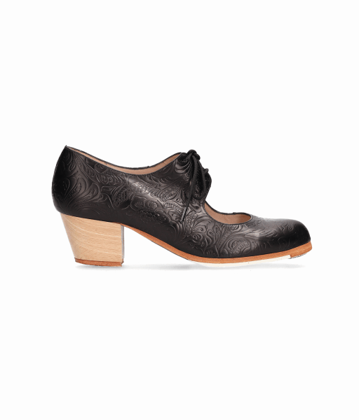 Zapato de baile flamenco profesional de piel repujada negro con cordones