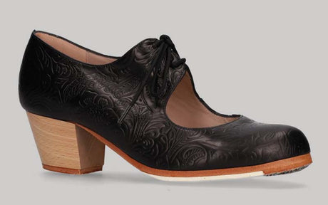 Chaussure de danse flamenco professionnelle en cuir noir gaufré avec lacets