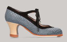 Zapato de Baile Flamenco Profesional Combinado Piel Fantasía Serpiente Gris y Ante Negro