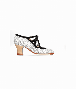 Chaussure de danse flamenco professionnelle combinée en œillet fantaisie blanc et ornements en daim noir