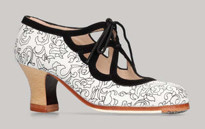 Chaussure de danse flamenco professionnelle combinée en œillet fantaisie blanc et ornements en daim noir
