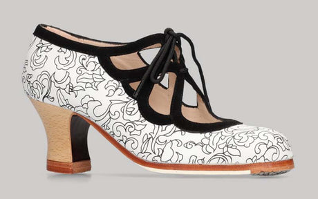 Zapato de Baile Flamenco Profesional Combinado en Fantasía Clavel Blanco y Adornos en Ante Negro