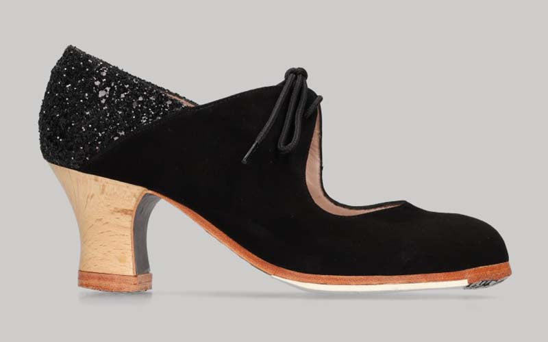 Chaussure de danse flamenco professionnelle combinée en daim noir et paillettes