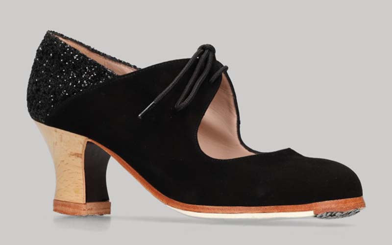 Chaussure de danse flamenco professionnelle combinée en daim noir et paillettes