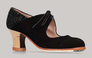 Chaussure de danse flamenco professionnelle combinée en daim noir et paillettes