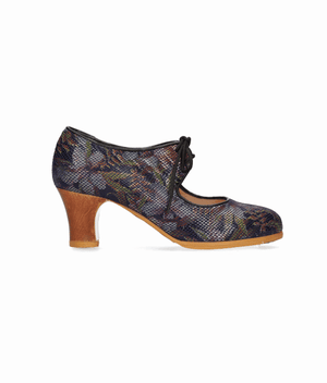 Chaussure de danse flamenco professionnelle rouge à motif floral bleu et lacets