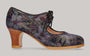 Professional red flamenco dance shoe with blue floral pattern and laces