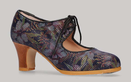 Zapato de baile Flamenco Profesional Rojo con Fantasía de Flores Azules con Cordones