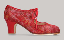 Zapato de baile Flamenco Profesional Rojo con Fantasía de Flores Rojas con Cordones