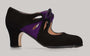 Professional flamenco dance shoe in black suede with purple suede trim