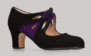 Chaussure de danse flamenco professionnelle en daim noir et bordure en daim violet