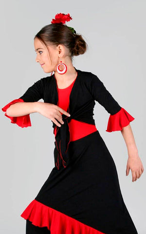 Cardigan de Flamenco de Niña Negro con Volante Rojo en Manga